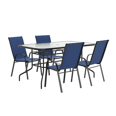 Flash Furniture Brazos 5 Pc Outdoor Patio Dining Set - 55in Tempered Glass Patio Tbl w/Umbrella Hole, 4 Navy Chairs TLH-089REC-303CNV4-GG
